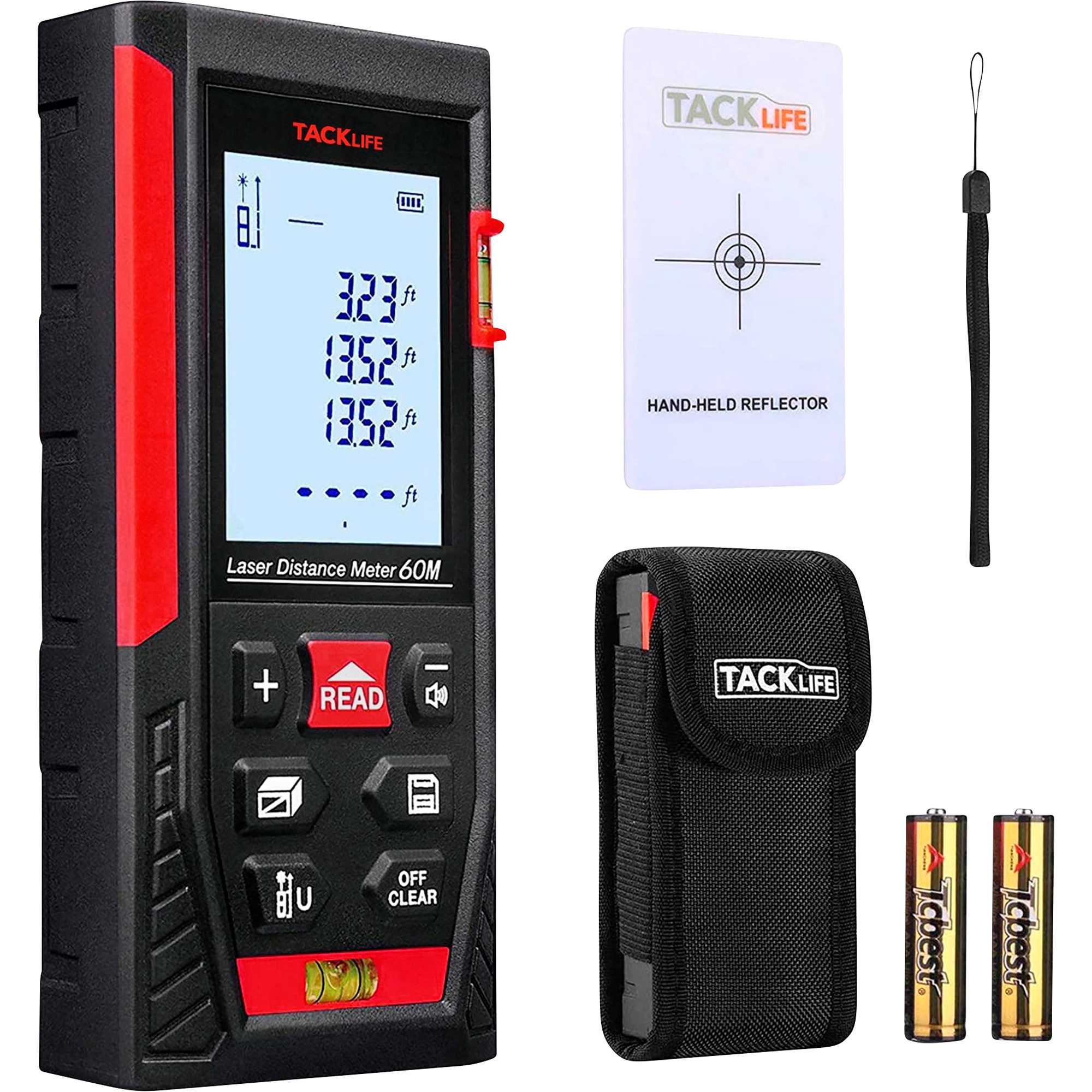 TackLife Classic Laser Distance Meter Kit, 2 Bubble Levels, Up to 196ft. Measuring Range, Two Batteries, Red, Model# HD-60